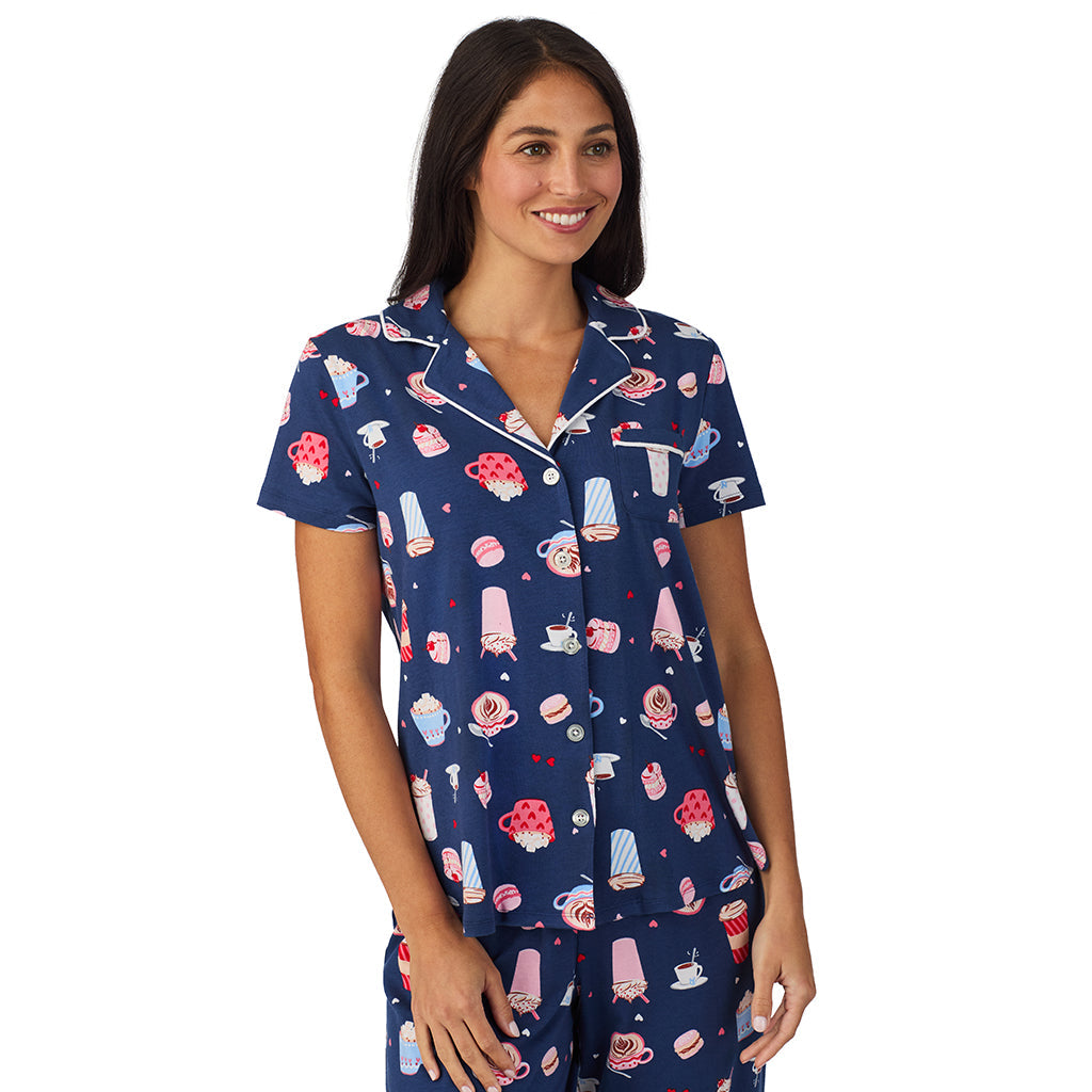 Cotton Rich Short Sleeve Notch Collar Top with Cropped Pant Pajama Set