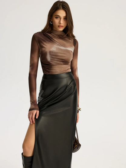 Gradient Print Ruched Long Sleeve Bodysuits