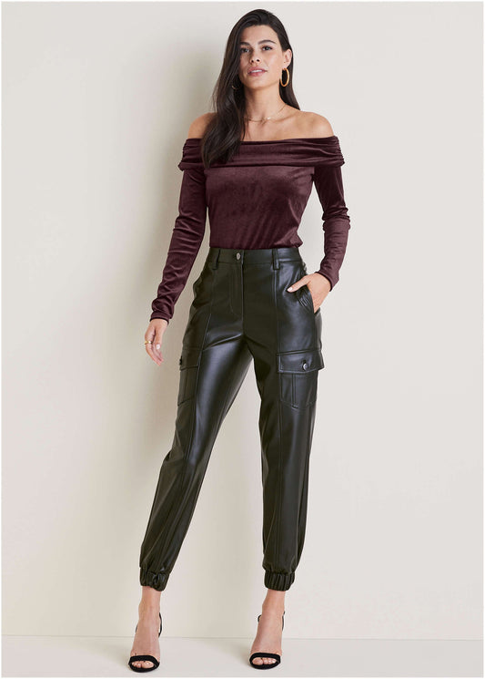Elevate Your Style with Jet Black Faux Leather Cargo Pants - Chic & Comfy
