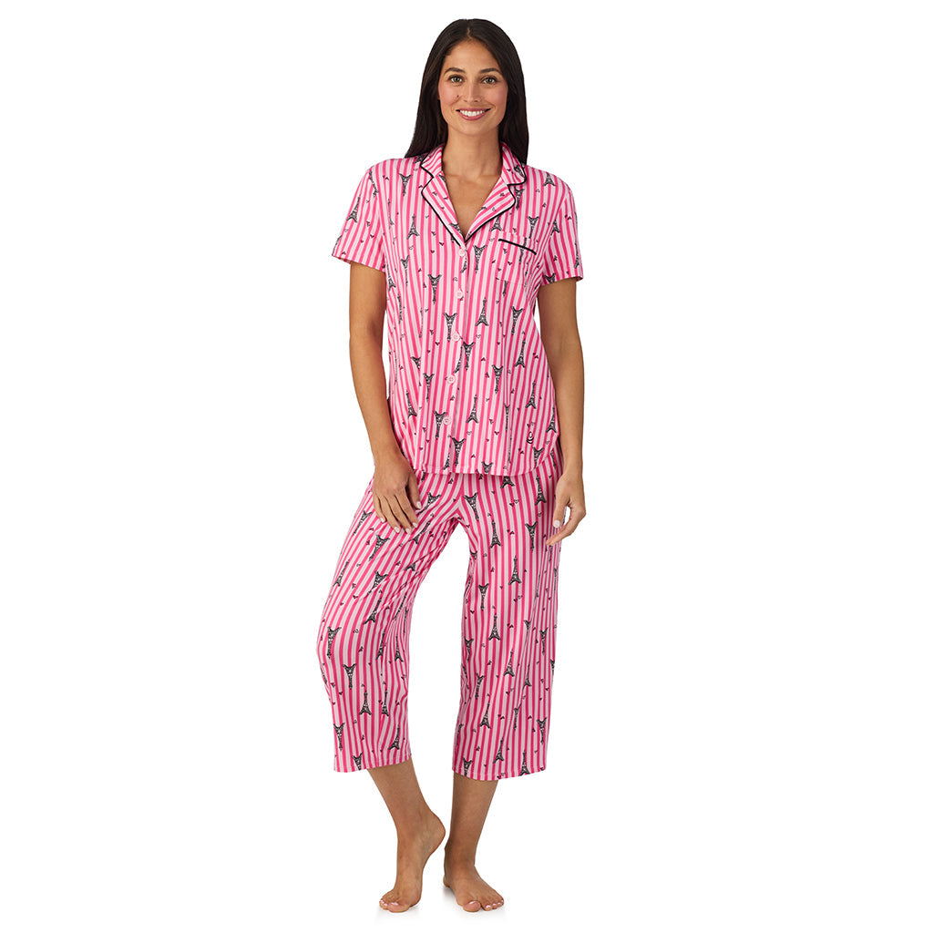 Cotton Rich Short Sleeve Notch Collar Top with Cropped Pant Pajama Set