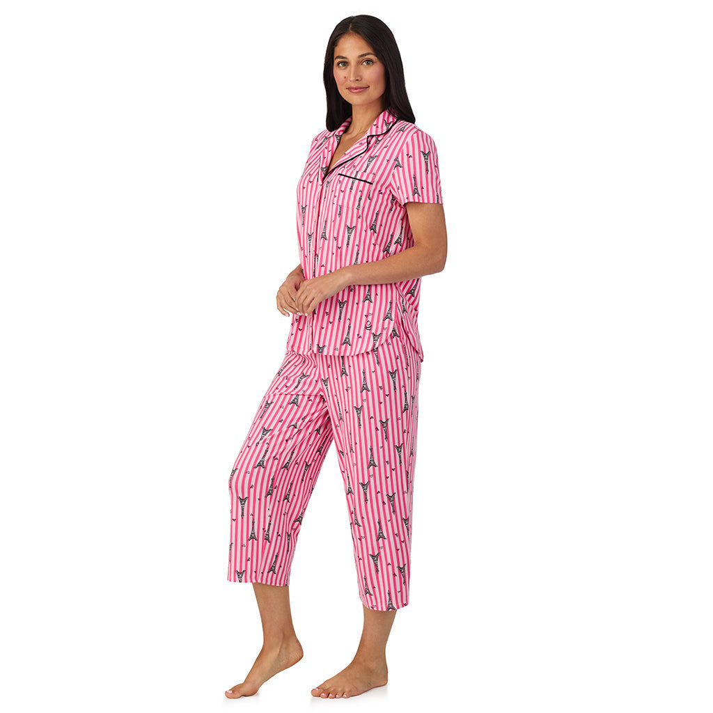 Cotton Rich Short Sleeve Notch Collar Top with Cropped Pant Pajama Set