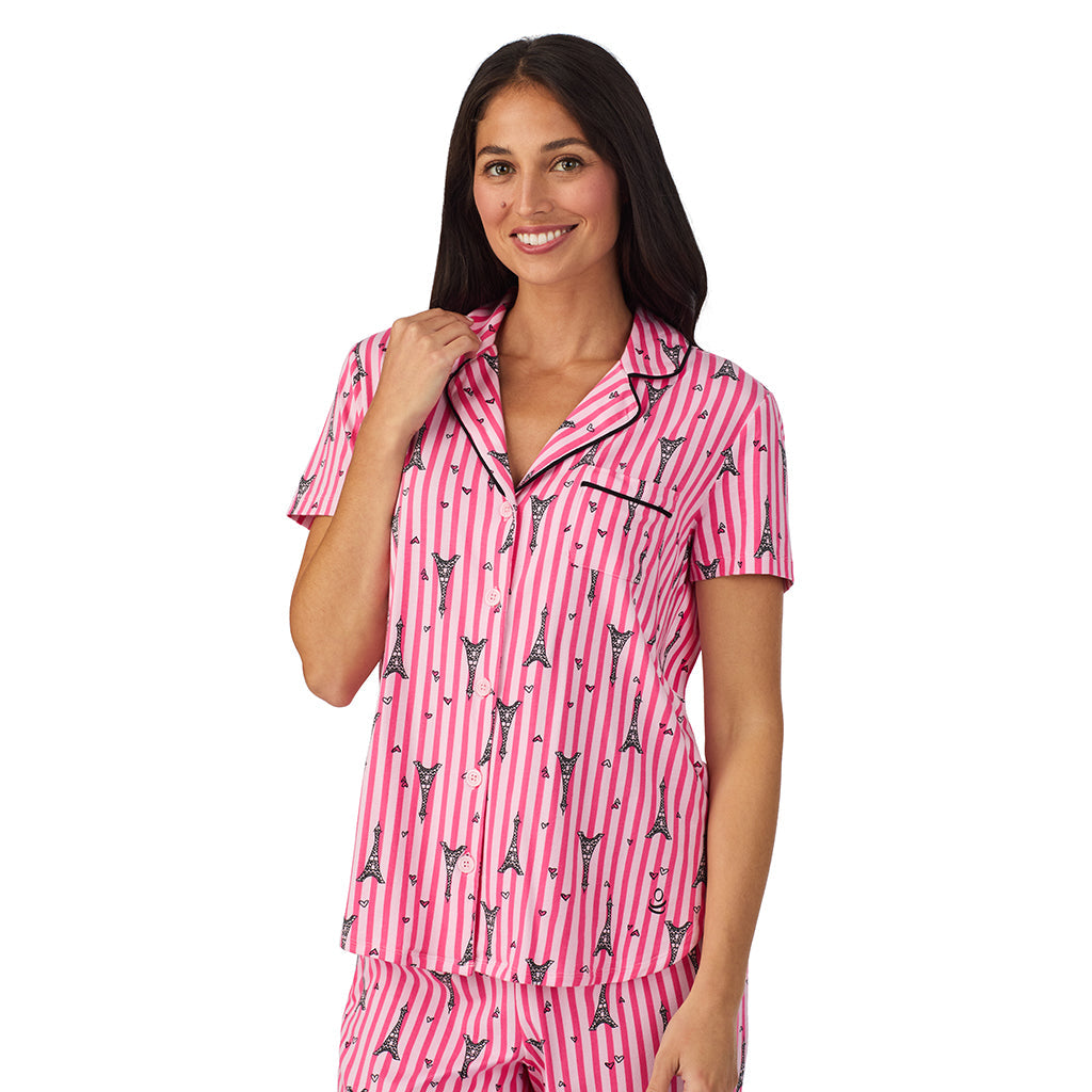Cotton Rich Short Sleeve Notch Collar Top with Cropped Pant Pajama Set