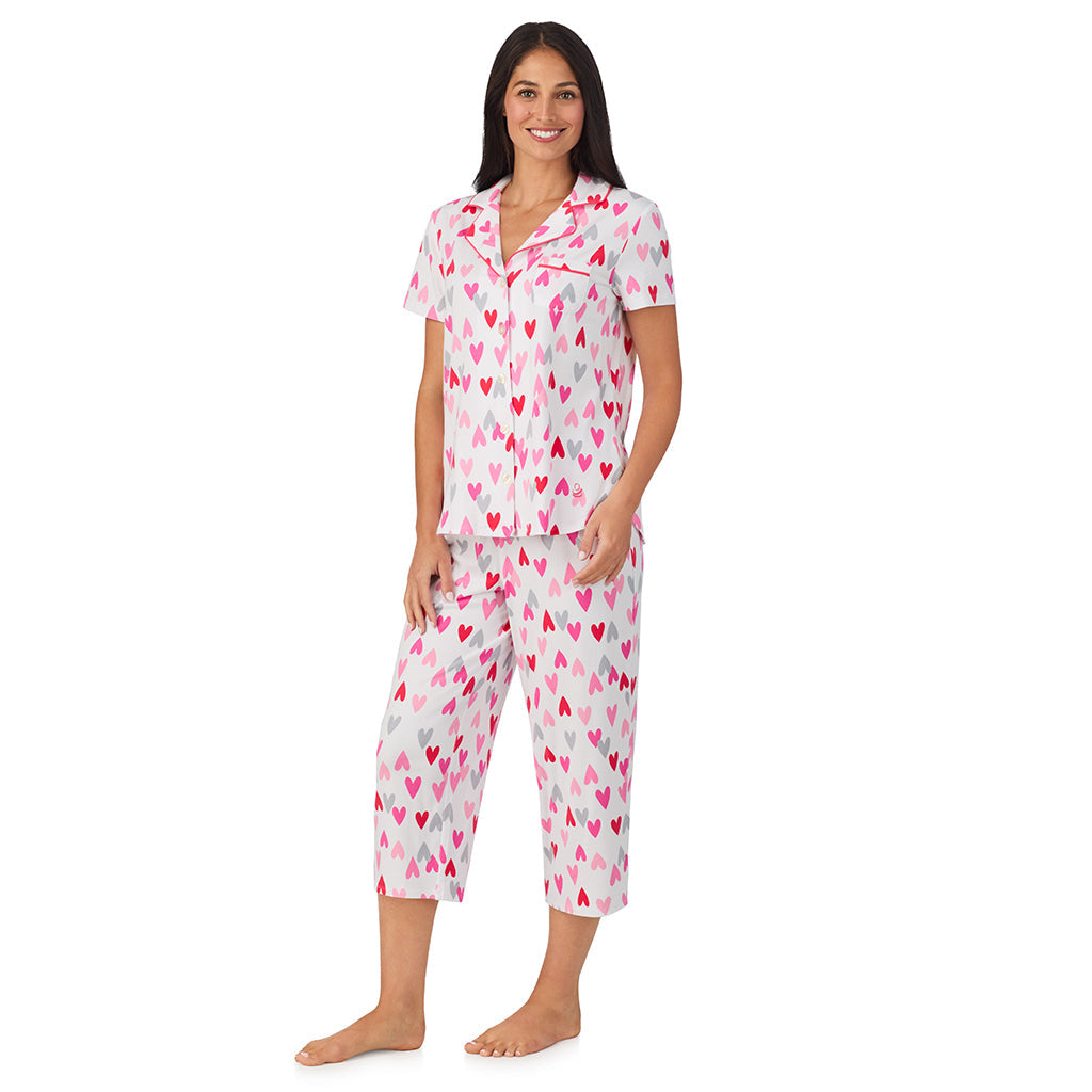 Cotton Rich Short Sleeve Notch Collar Top with Cropped Pant Pajama Set