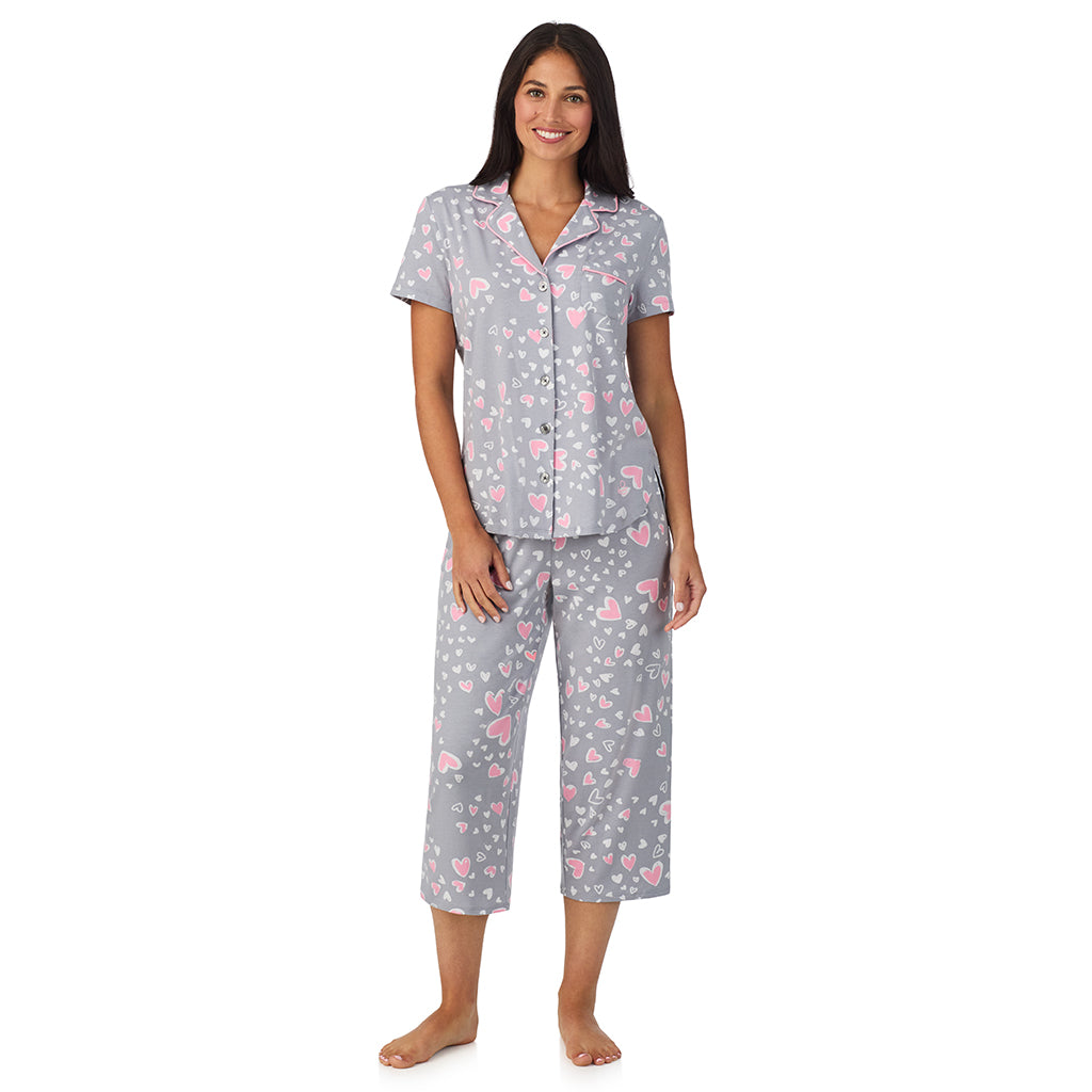 Cotton Rich Short Sleeve Notch Collar Top with Cropped Pant Pajama Set