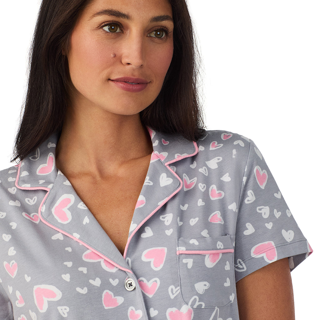 Cotton Rich Short Sleeve Notch Collar Top with Cropped Pant Pajama Set