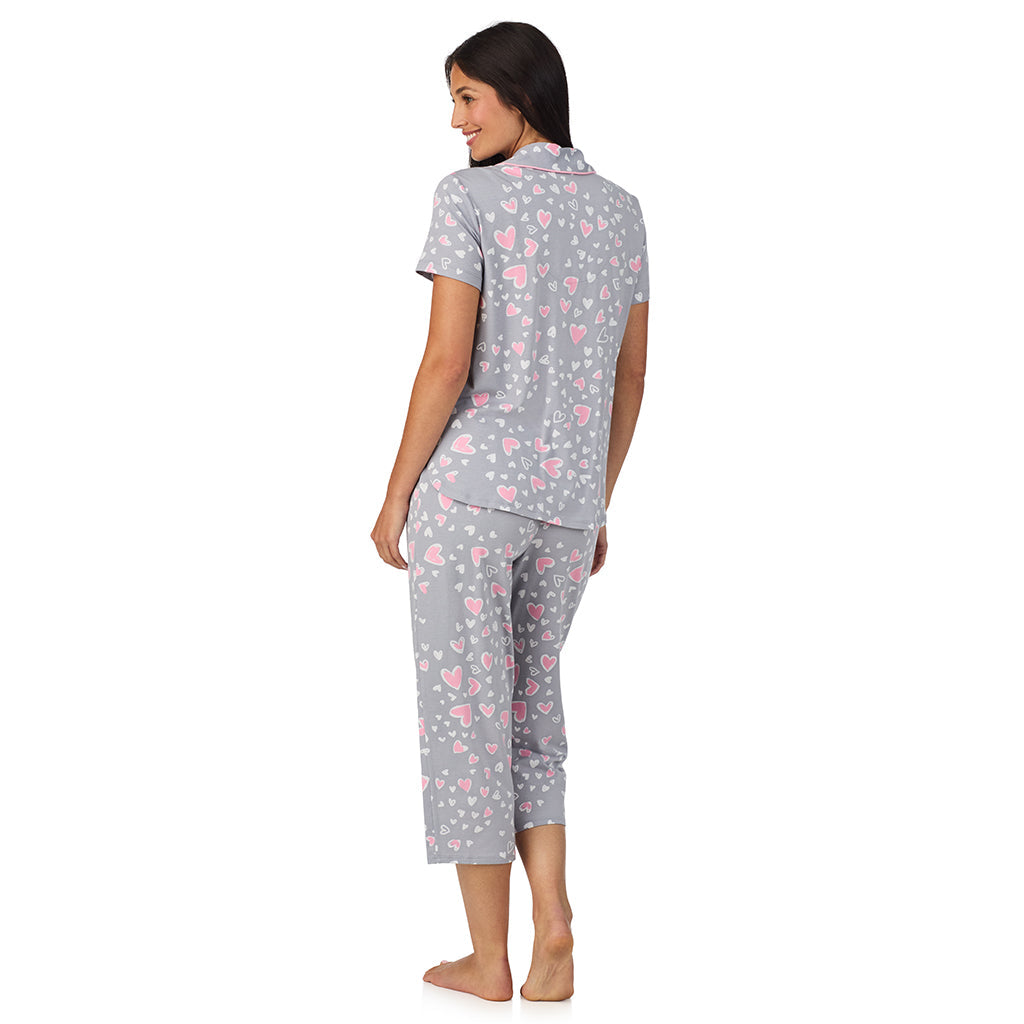 Cotton Rich Short Sleeve Notch Collar Top with Cropped Pant Pajama Set