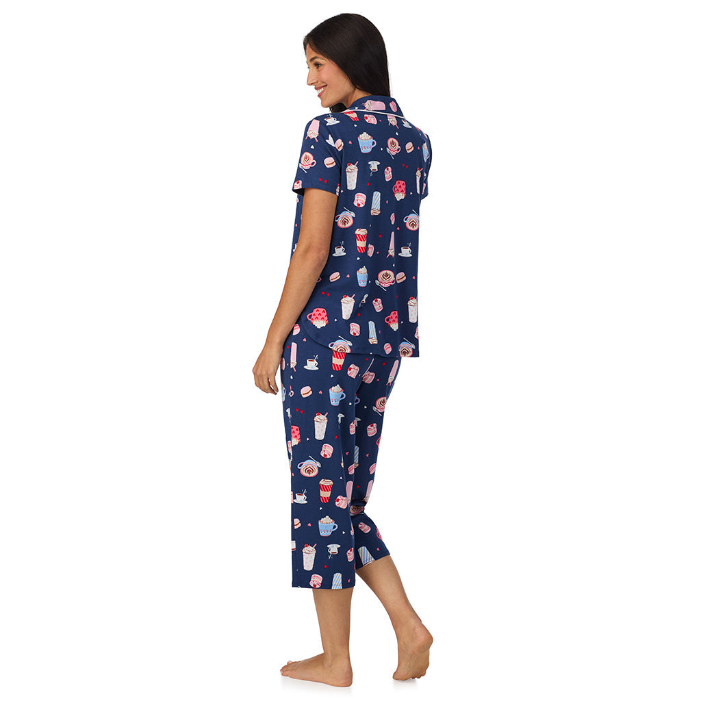 Cotton Rich Short Sleeve Notch Collar Top with Cropped Pant Pajama Set