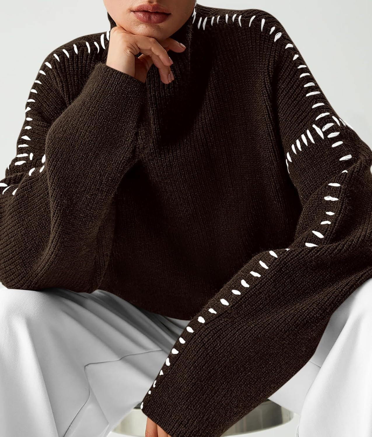 Women'S Chunky Knit Sweaters 2025 Fall Long Sleeve Mock Neck Oversized Pullover Tops Winter Fashion Clothes