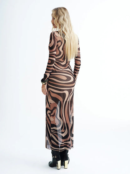 Abstract Print Mesh Maxi Dress