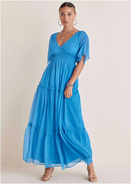 Breezy Blue Flutter Sleeve Maxi Dress for Effortless Summer Elegance
